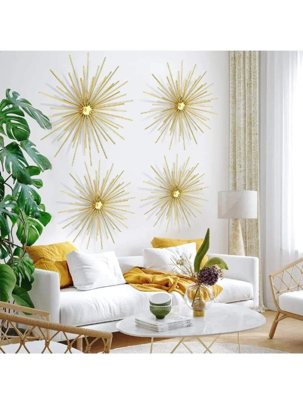 4 Pcs Gold Metal Starburst Wall Art - 3D Spike Decor for Modern Living Room